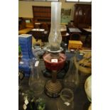 19thC Cranberry Reservoir Table Oil Lamp with 4 Chimneys
