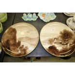 Two Spode hand-painted monochrome lake scene plates