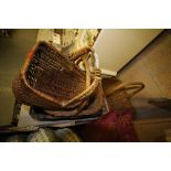 Three wickerwork shopping baskets and wicker work basket