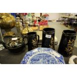 Black Lustre tea pot and three jugs - Jackfield