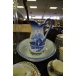 Blue and White Pottery Jug and Basin