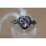 Silver Amethyst & Marcasite Heart Shape ring - Size Q