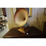 Vintage oak gramophone with horn, spare needles and some vinyl records