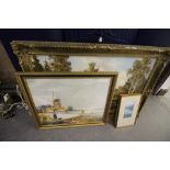Large landscape of country scene in gilt frame and three other pictures - acrylics and oils