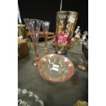 Gilded Coloured Glass Vase, Pair of Gilded Coloured Glass Vases & Bowl