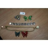 Quantity of jewellery inc Jaeger necklace, dragonfly brooch, white metal bracelet, 2 silver enamel