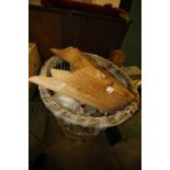 Log basket, Lloyd Loom box etc together with 2 boxes of light fittings and figure of a boy holding