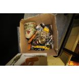 Box containing cigarette cards, albums, and box of costume jewellery etc