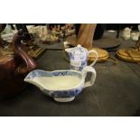 Blue and white gravy boat and jug