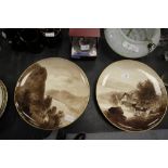 Two Spode hand-painted monochrome lake scene plates
