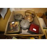 Two galvanised lidded cannisters (one a.f. to lid), printed advertising tin, tin vanity box,