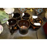 4 Wetheriggs mugs and lidded dish