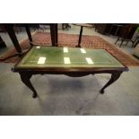 Oak green leather and glass topped coffee table