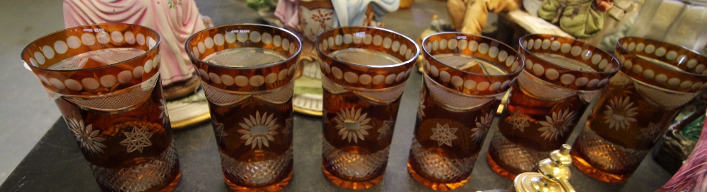 6 cut glasses, brown and clear