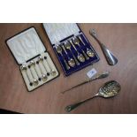 Plated coffee bean spoons, silver mounted button hook etc