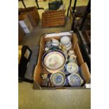 Box of pottery inc Henriot, Quimper, Chinese cloisonné enamel, Wedgwood and Coalport