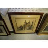 W. Minderman - Charcoal and Ink Sketch - Cathedral View, framed