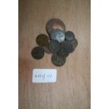Victoria 1858 half penny, ditto 1854 penny, six Victorian farthings and five other coins