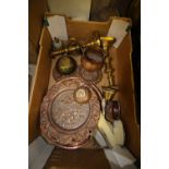 Box of copper and brass inc candlesticks