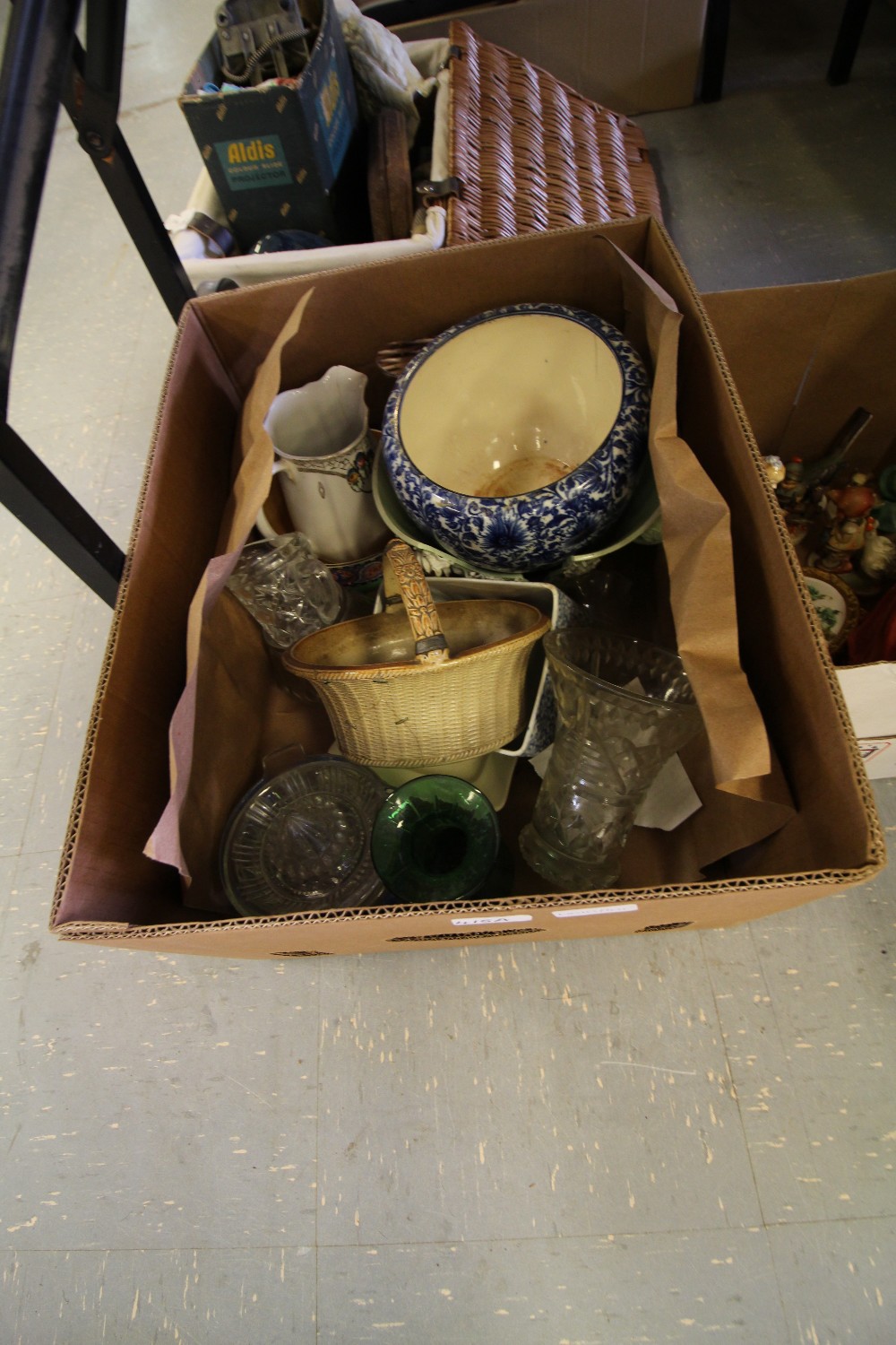 19th Century stoneware basket (repaired) and a quantity mixed china and glass (one box)