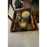 19th Century stoneware basket (repaired) and a quantity mixed china and glass (one box)