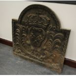 Cast iron fireback dated 1690, with crowned triple fleur de lys armorial ornament, 82cm wide x