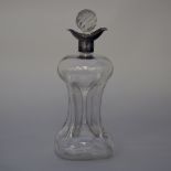 Late Victorian silver mounted waisted clear glass decanter and stopper, the twin spout silver