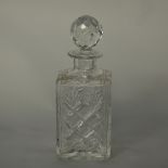 Cut glass square decanter and stopper with slice cuttings, 26cm high