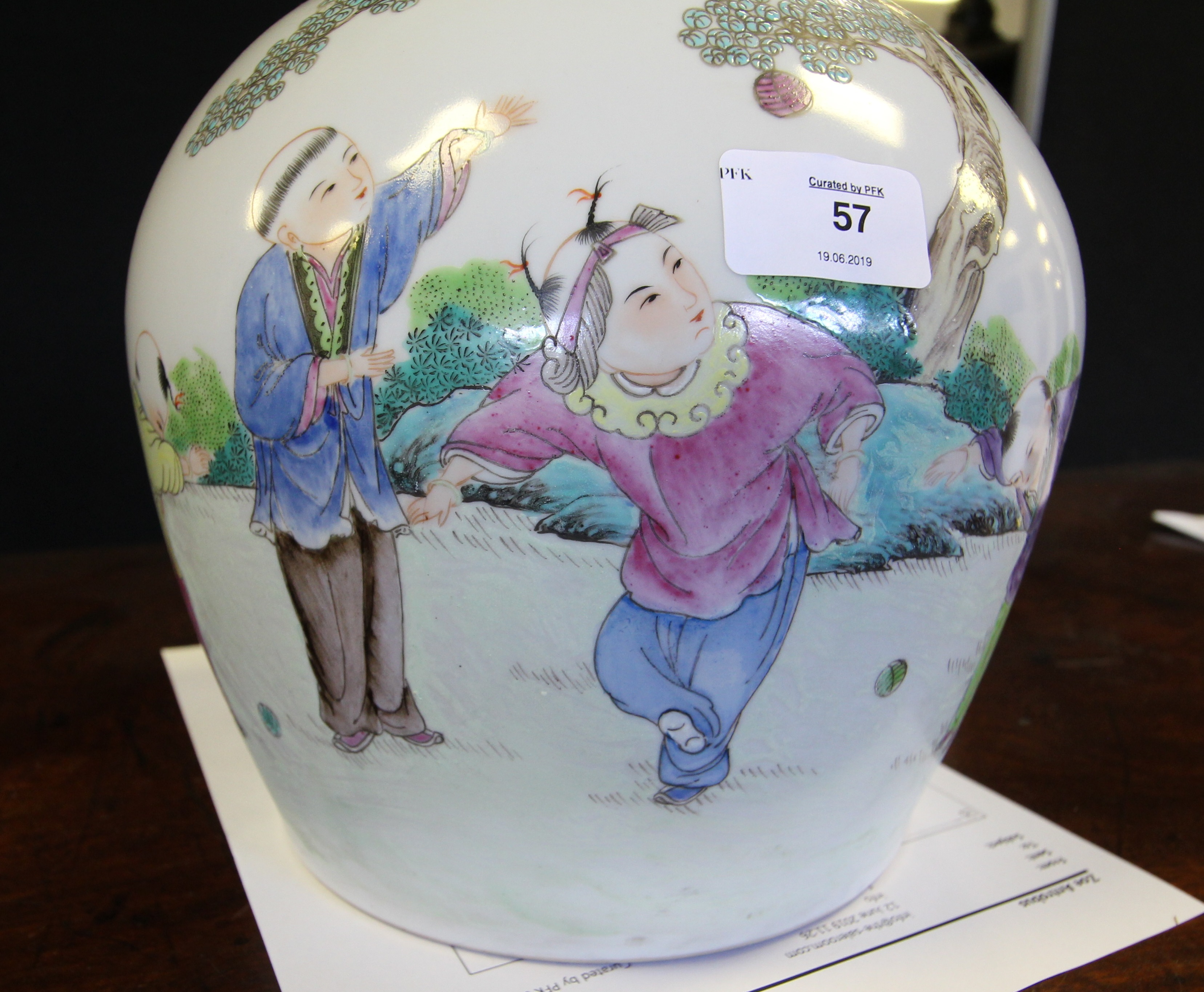 1920's Chinese Cantonese porcelain ginger jar, painted with four Children playing ball, 22.5cm high - Image 5 of 6