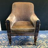 Regency rosewood tub shaped armchair, with brown cloth upholstery and cushion, palmette relief
