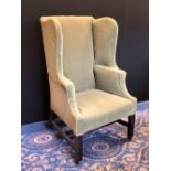 George III mahogany Wing chair, green cloth upholstery