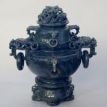 Chinese carved spinach green jade urn and cover, of Archaistic style, 36cm high, thought late 19th/