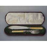 Pair of Victorian silver plated fish servers by Elkington, with ivorine handles, contained in fitted