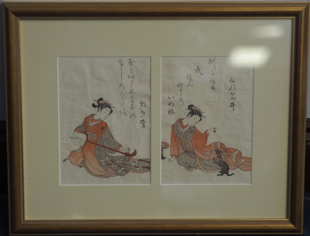 18th/19th Century Japanese - Pair of coloured woodblock prints - Courtly lady playing lute and