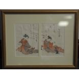 18th/19th Century Japanese - Pair of coloured woodblock prints - Courtly lady playing lute and