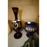 2 classical glass vases - one red, one blue with gilt decoration