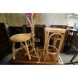 2 wicker work stools and plant stand