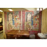 Large pair of signed Kashan pictorial rugs