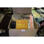 Box of railway memorabilia inc photographs, pamphlets and Somerset railway and 2 cameras