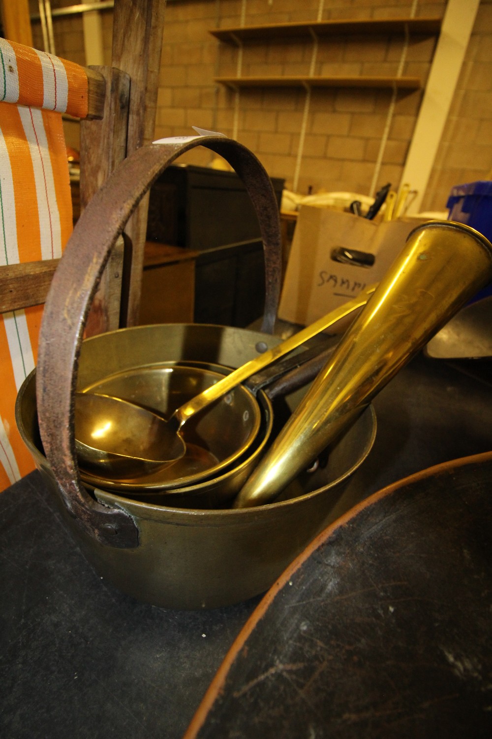 Victorian brass jam pan, pan, ladles etc