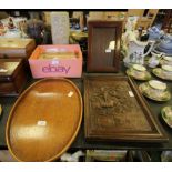 Mahogany freestanding mirror, oak tray and carved plaque