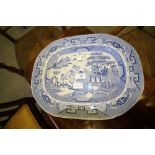 19thC blue and white pottery Willow pattern meat plate