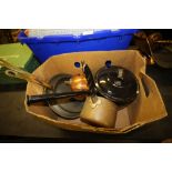 Box of copper pans etc