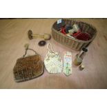 Basket of antique pin cushions, thread holders etc
