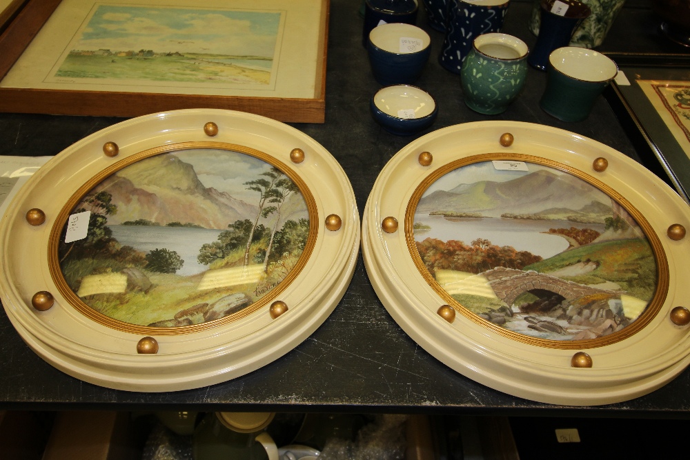 2 paintings in original circular frames of Buttermere and possibly Ashness Bridge, signed 'Carina'