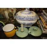 C19th Blue & White Pottery Tureen enamel wares and an oil lamp