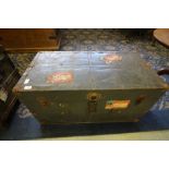 Metal steamer trunk with Cunard labels and Various vintage kilner jars