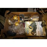 Box of plated wares, glass, binoculars etc