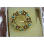 Yellow Metal, Pearl & Turquoise annular Brooch