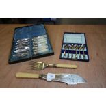 Pair of Victorian silver-plated fish servers with engraved blades (A/F) and 2 cased sets of silver-